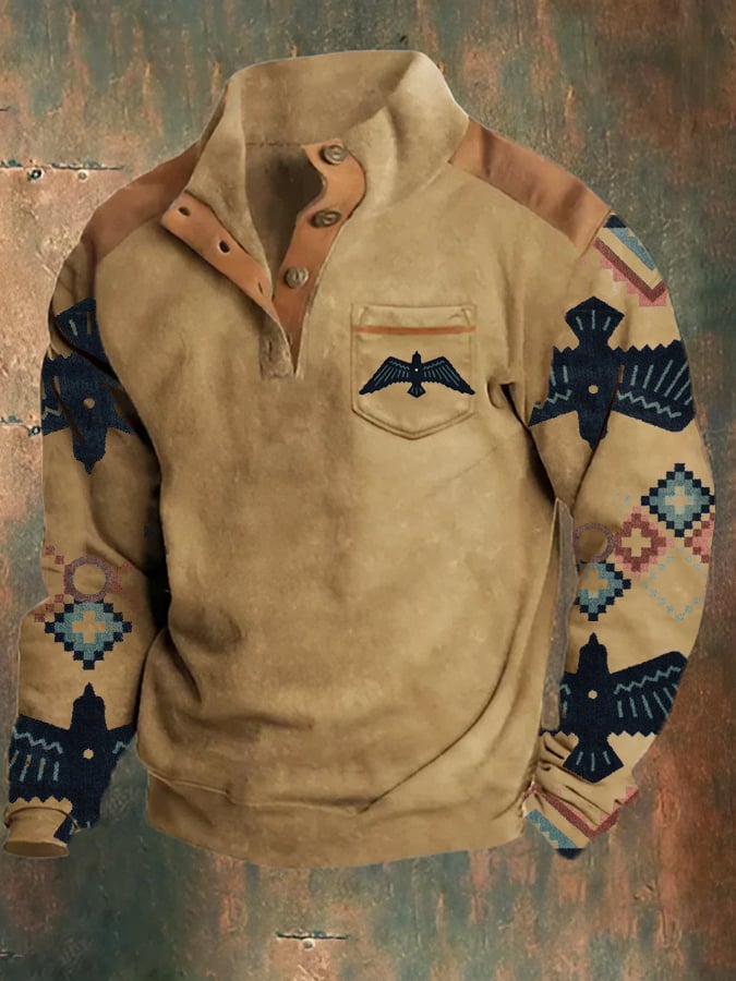 Men's Western Style Printed Stand Collar Button Sweatshirt