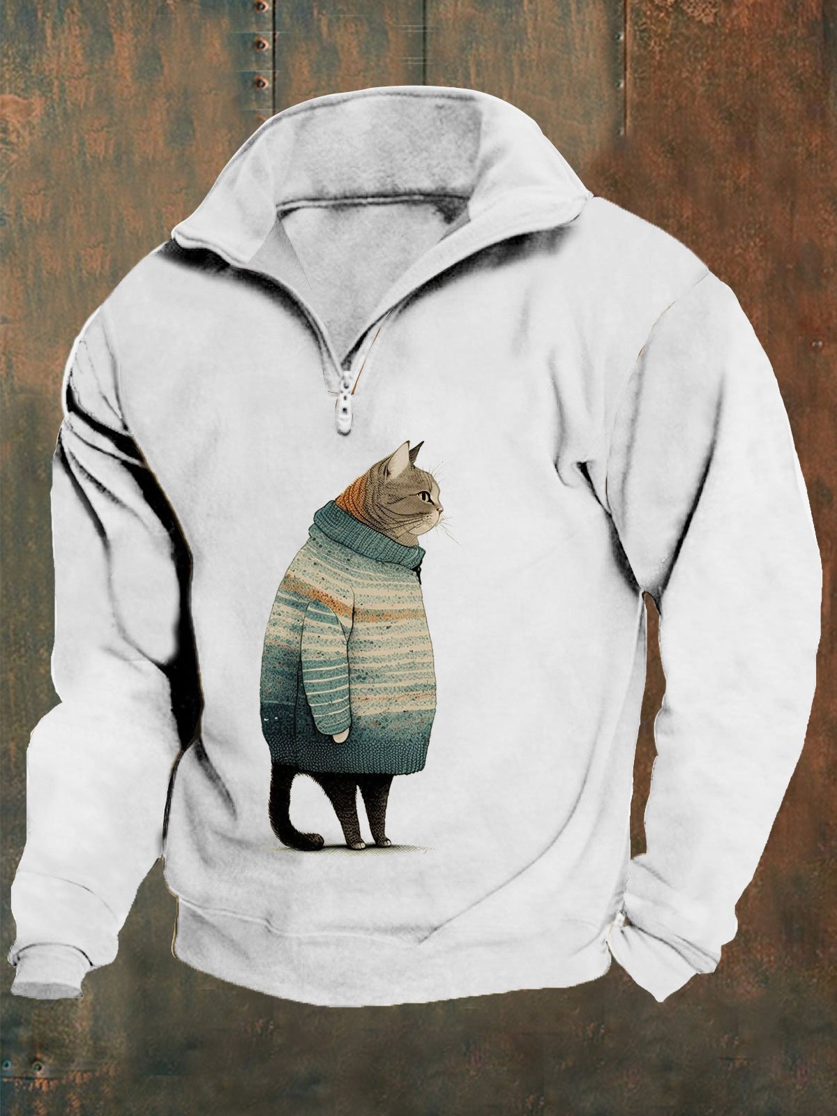 Men's Winter Cat Print Zipper Sweatshirt