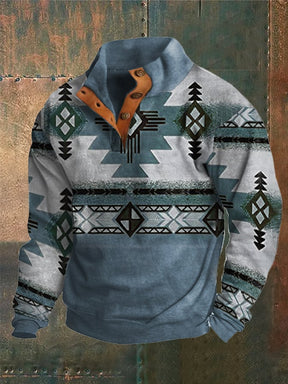 Men's Western Style Printed Stand Collar Button Sweatshirt