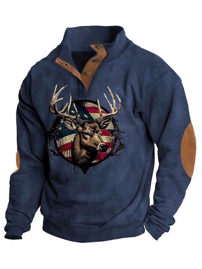 Men's Western Style Printed Stand Collar Button Sweatshirt