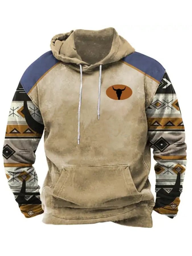 Men's Casual Western Print Long Sleeve Hooded Sweatshirt