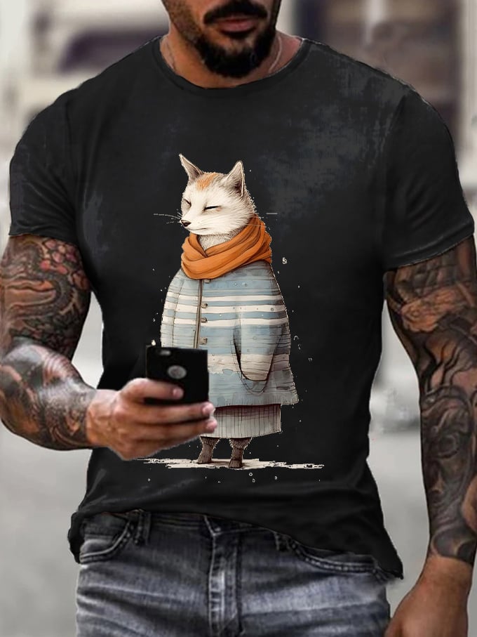 Men's Winter Funny Cute Wonderland Clothing Fox Print T-Shirt