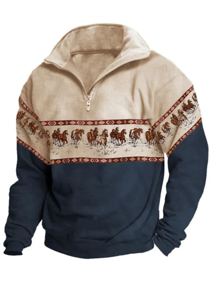 Men's Retro Western Print Lapel Long Sleeve Sweatshirt