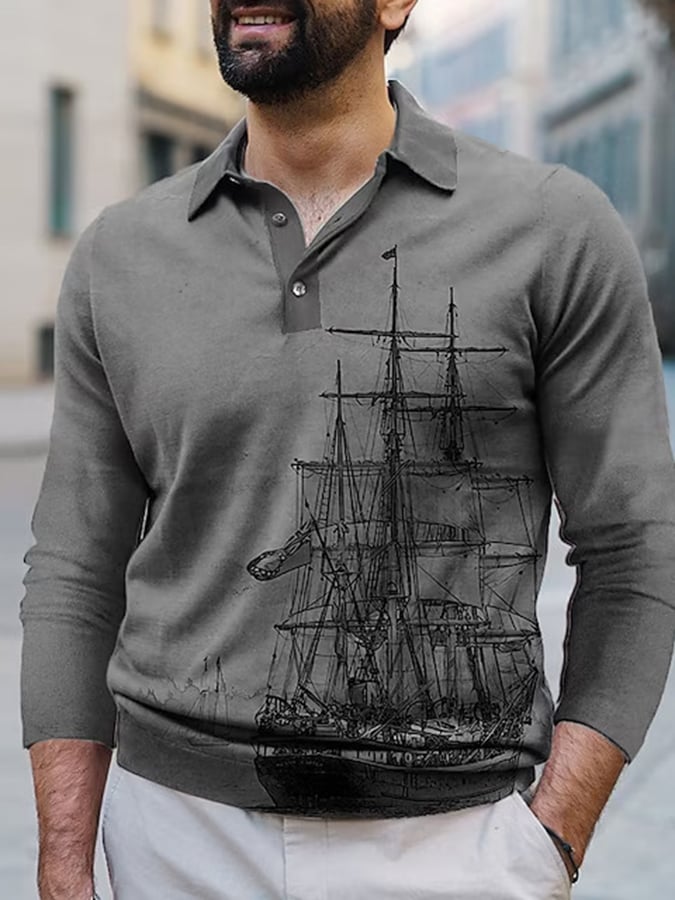 Men's Fashionable Casual Printed Long Sleeve Polo Shirt