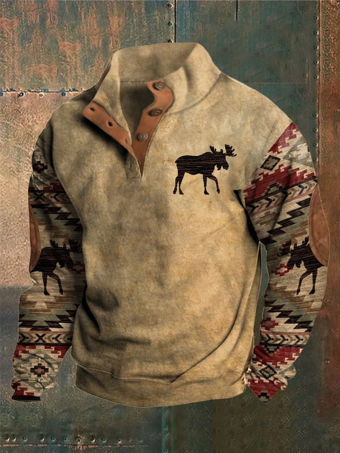 Men's Retro Western Color Block Print Long Sleeve Sweatshirt