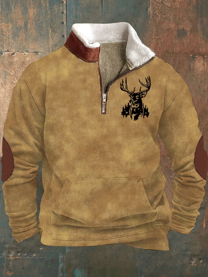 Men's Retro Western Style Elk Arctic Velvet Stand Collar Sweatshirt