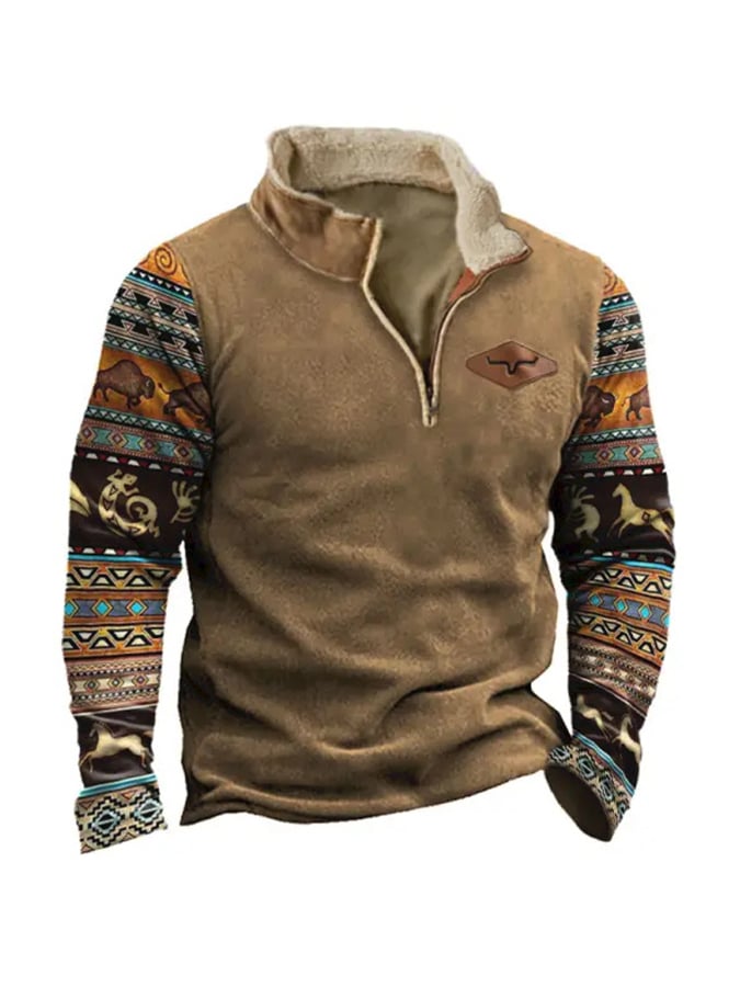 Men's Vintage Western Cowboy Zip Colorblock Stand Collar Sweatshirt