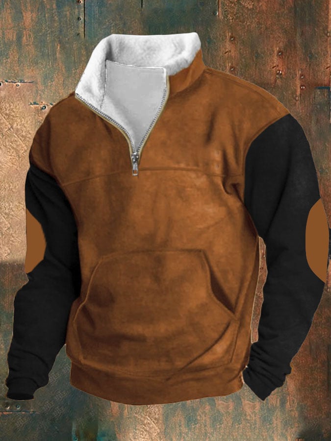 Men's Casual Color Block Printed Stand Collar Sweatshirt