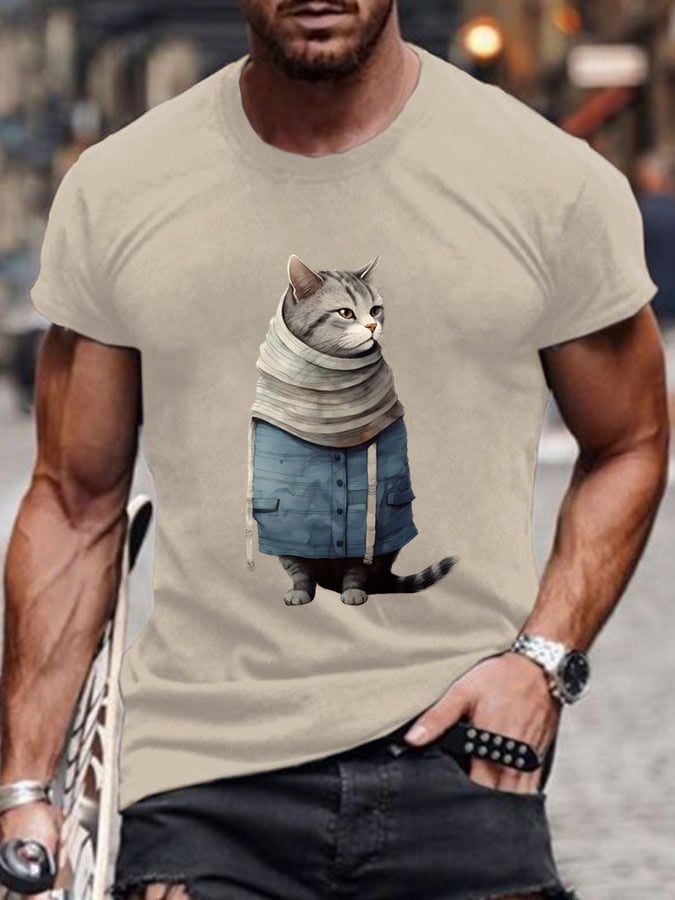 Men's Funny Winter Art Cat Print Short Sleeve T-Shirt