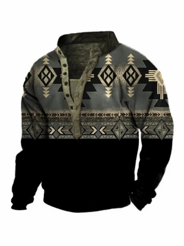 Men's Ethnic Totem Print Henley Collar Sweatshirt