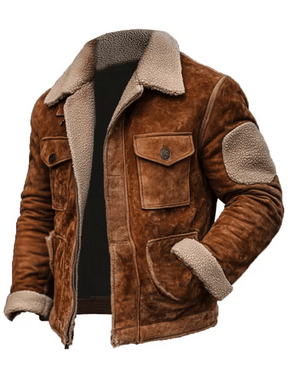 Men's Vintage Suede Patchwork Lamb Fleece Multi-Pocket Reverse Collar Outdoor Jacket