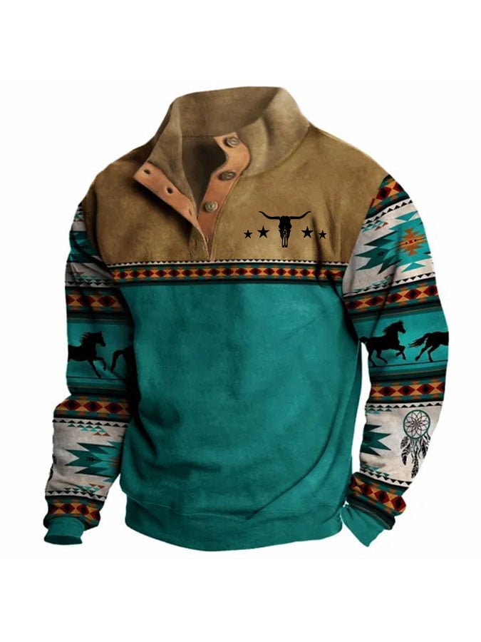 Men's Sweatshirt Retro Cowboy Ethnic Print Button Half Open Collar