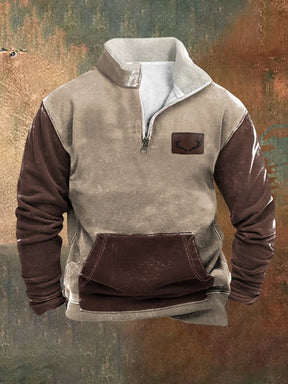 Men's Fleece Vintage Western Antler Hunting Enthusiast Fur Collar Zipper Sweatshirt