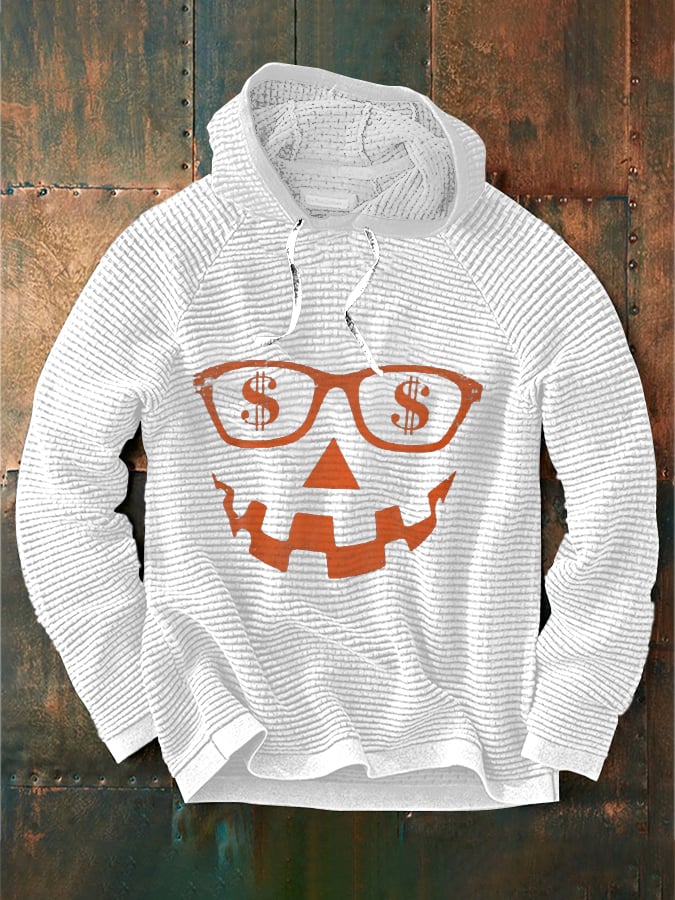 Men's Halloween Glasses Pumpkin Funny Money Expression Print Waffle Hoodie