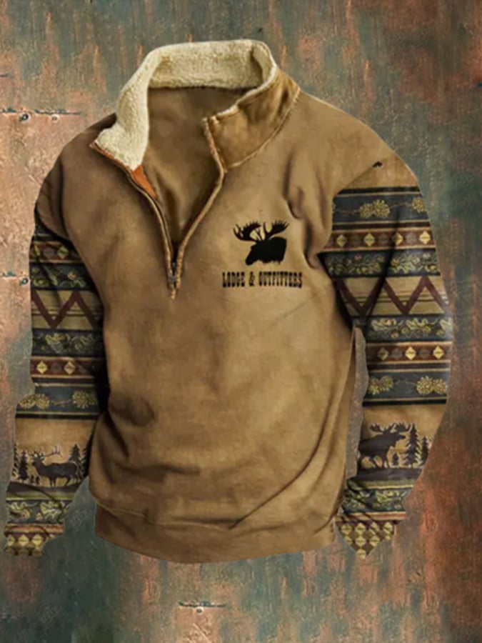 Men's Retro Western Style Plush Stand Collar Sweatshirt