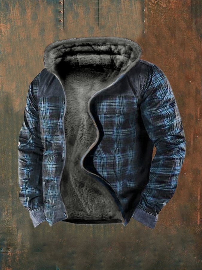 Men's Retro Plaid Plush Zippered Hoodies