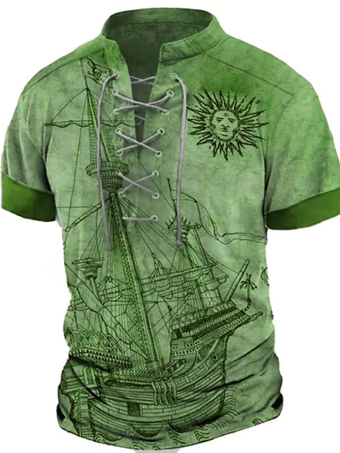 Men's Fashionable And Casual Eight-Hole Rope Design Printed Short-Sleeved Top