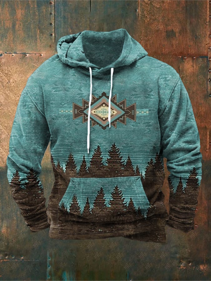 Men's Casual Western Print Long Sleeve Hooded Sweatshirt