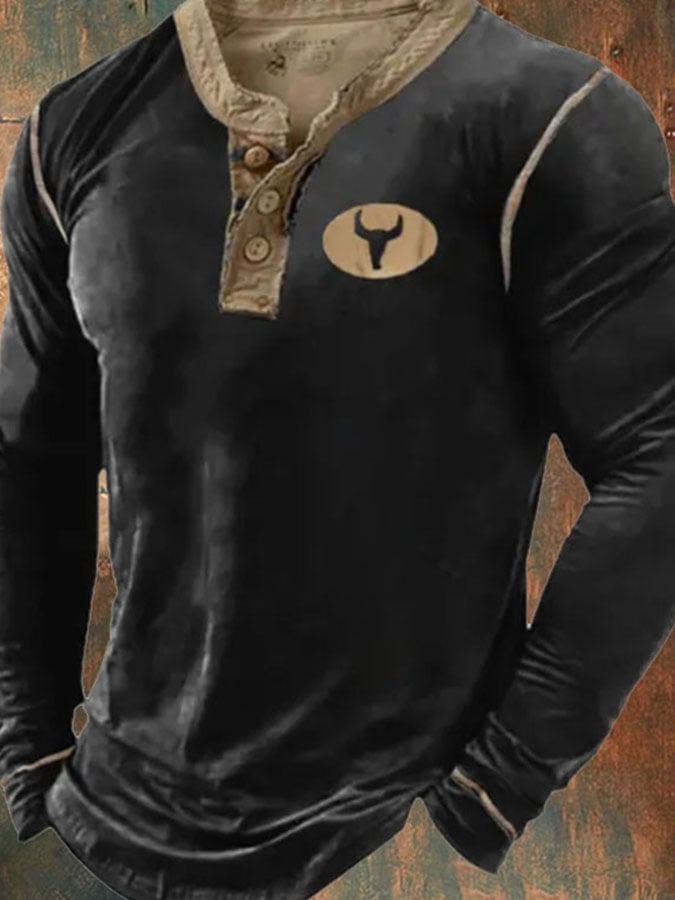 Men's Casual Print Button Collar Long Sleeve T-Shirt