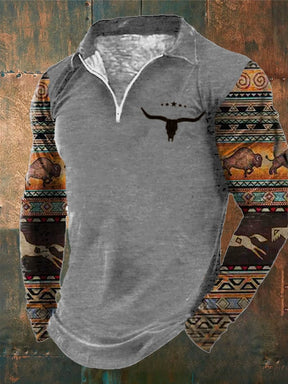 Men's Vintage Western Ethnic Print Zipper Casual Shrit