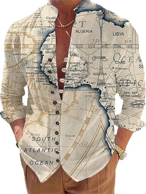 Men's Fashion Casual Button Design Printed Long Sleeve Shirt