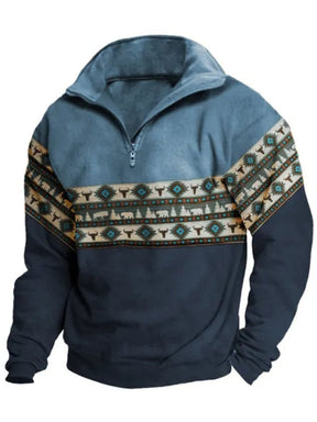 Men's Retro Western Print Lapel Long Sleeve Sweatshirt