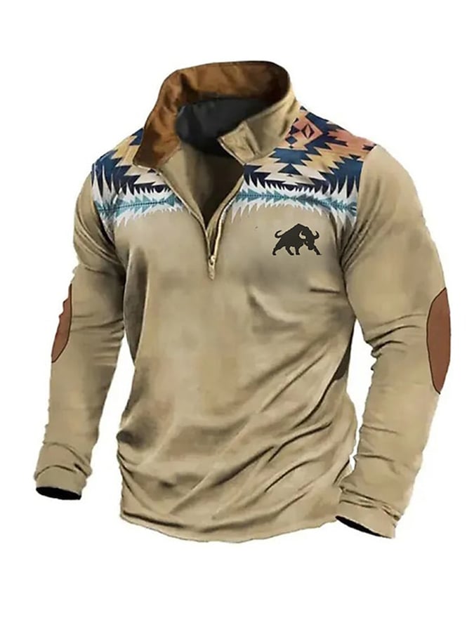 Men's Western Bull Print Zip Pullover Sweatshirt