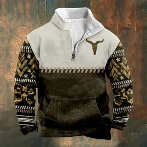 Men's Retro Western Ethnic Print Casual Pocket Zipper Stand Collar Cowboy Sweatshirt