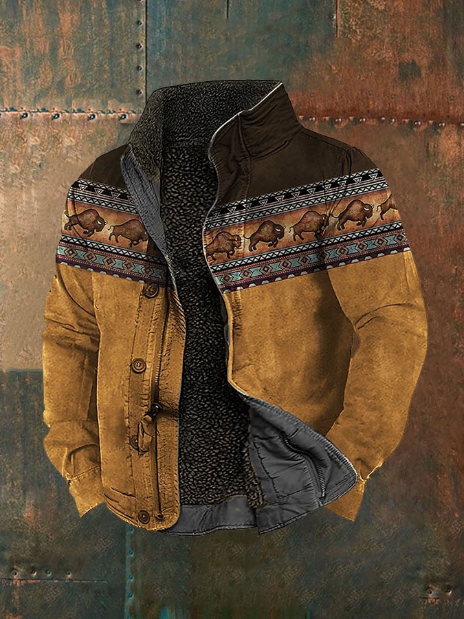 Men's retro western ethnic style winter fleece jacket