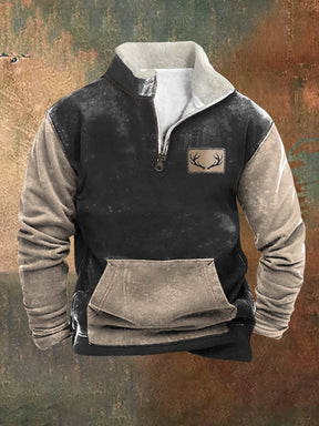 Men's Fleece Vintage Western Antler Hunting Enthusiast Fur Collar Zipper Sweatshirt