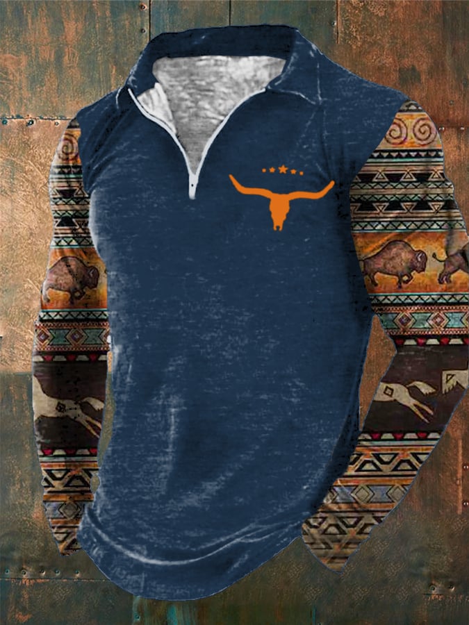 Men's Vintage Western Ethnic Print Zipper Casual Shrit