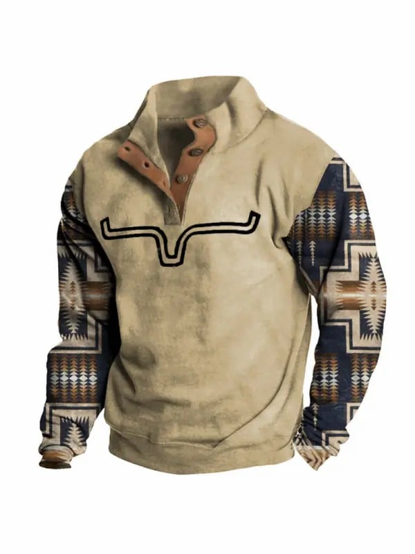 Men's Sweatshirt Retro Cowboy Ethnic Print Button Half Open Collar