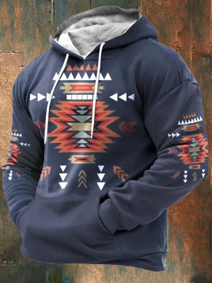 Men's Casual Western Print Long Sleeve Hooded Sweatshirt