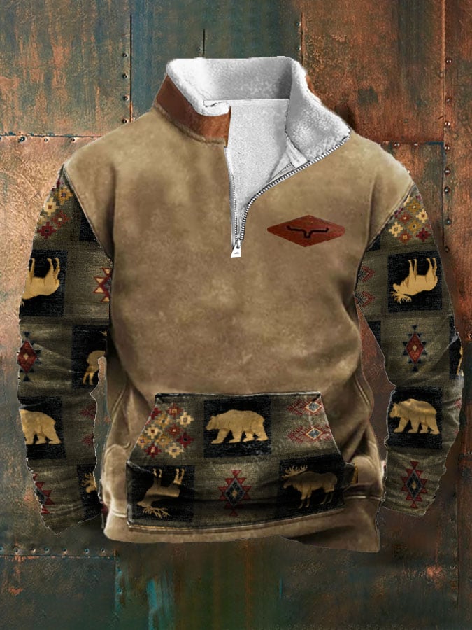 Men's Retro Western Print Zipper Collar Long Sleeve Sweatshirt