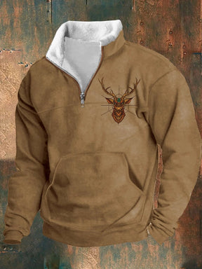 Men's Retro Western Print Zipper Collar Long Sleeve Sweatshirt