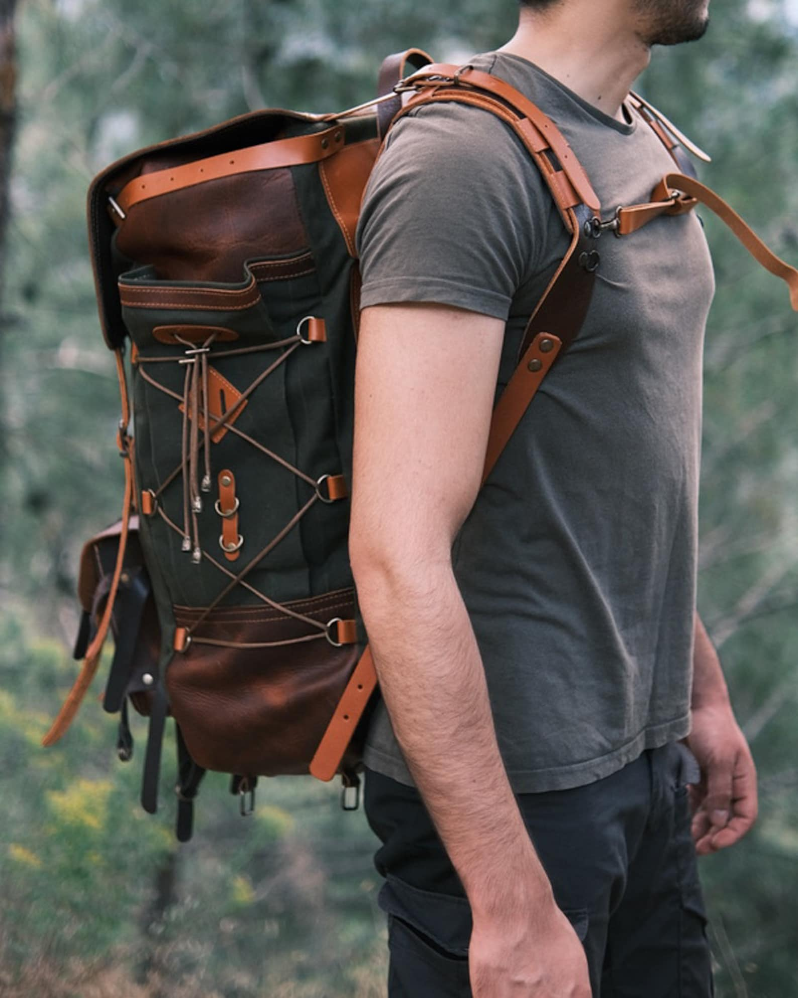 Back to school Daypack Green Waxed Canvas Backpack