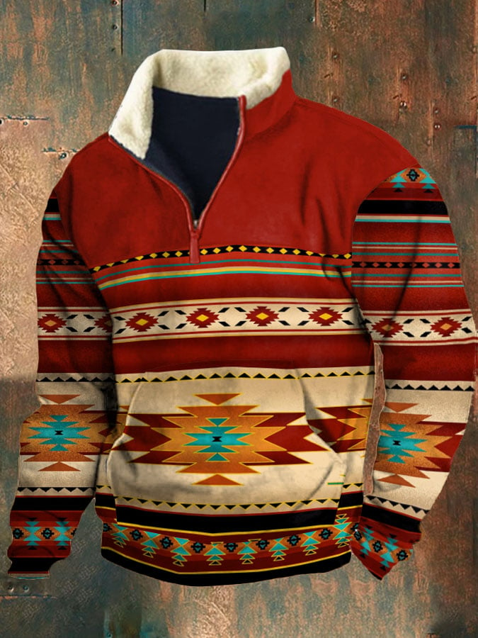 Men's Retro Ethnic Print Plush Half Open Collar Pullover