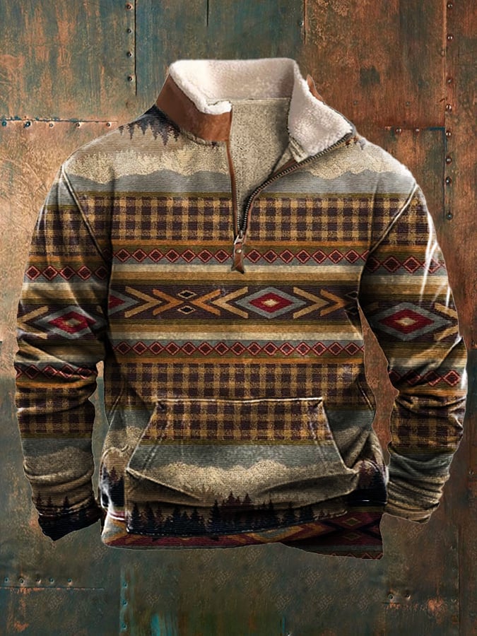 Men'S Retro Printed Long Sleeve Lapel Sweatshirt