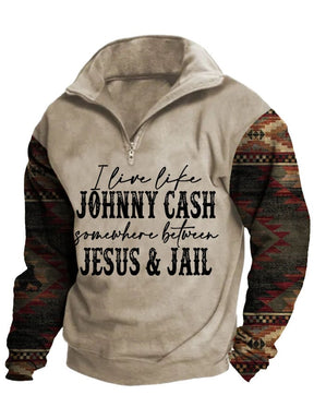 Men's Retro Western I Live Like Johnny Cash Somewhere Between Jesus & Jail Print Lapel Long Sleeve Sweatshirt