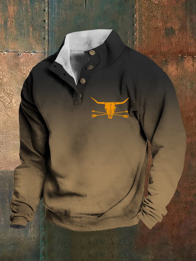 Men's Western Style Printed Stand Collar Button Sweatshirt