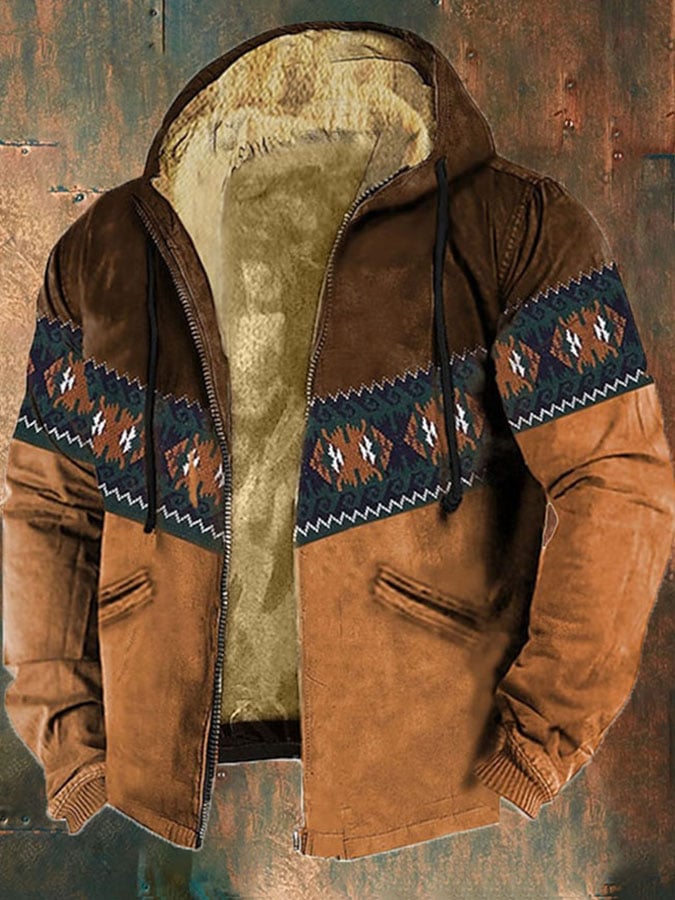 Men'S Retro Western Print Cotton Zipper Outerwear