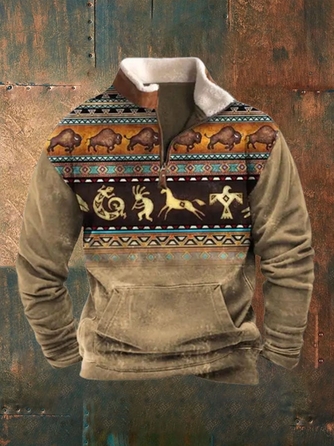 Men's Retro Ethnic Print Plush Half Open Collar Pullover