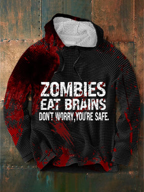 Men's Halloween Zombies Eat Brains You're Safe Print Waffle Hoodie