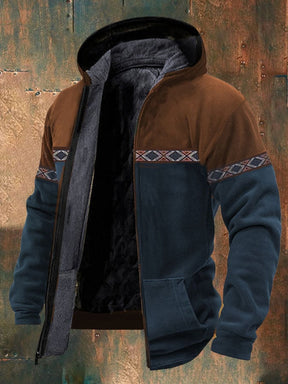 Men's Retro Western Print Velvet Zip Outerwear