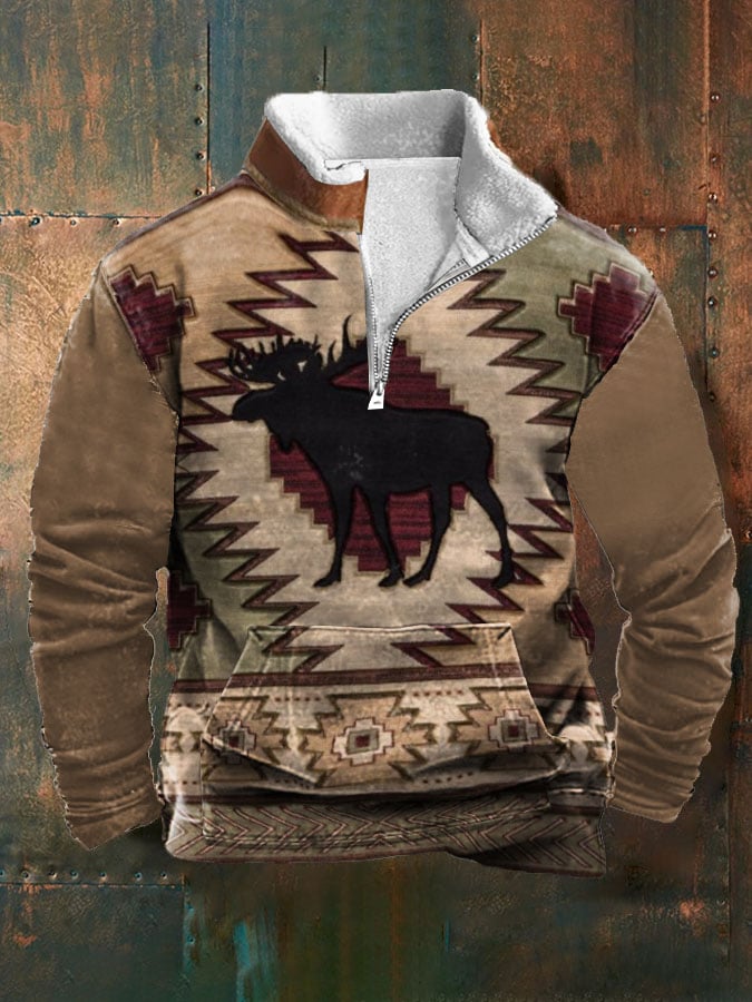 Men's Retro Western Print Zipper Collar Long Sleeve Sweatshirt