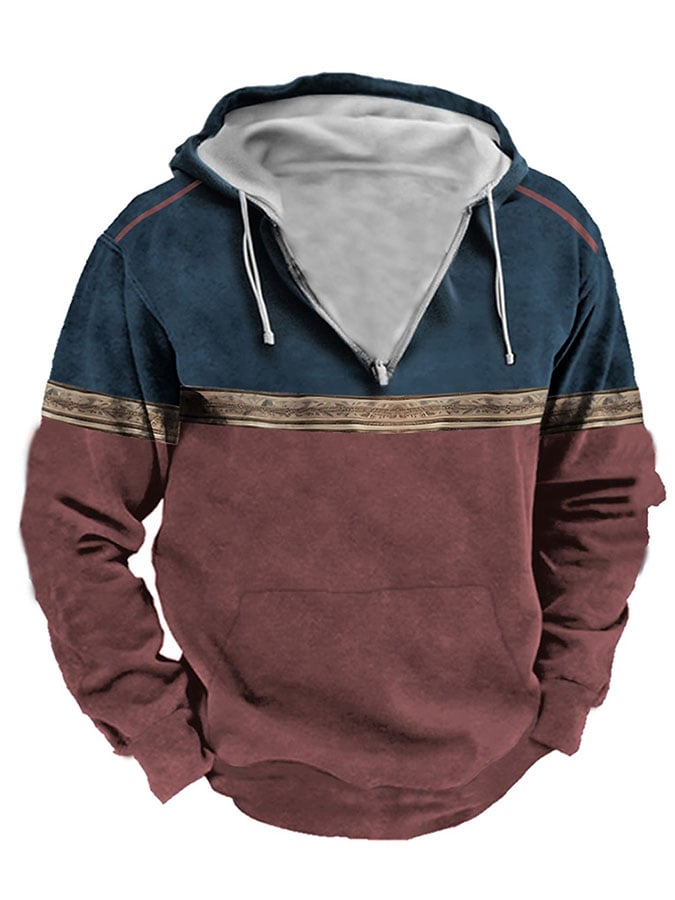 Men's Retro Western Color Block Print Hooded Sweatshirt