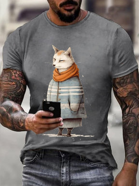 Men's Winter Funny Cute Wonderland Clothing Fox Print T-Shirt