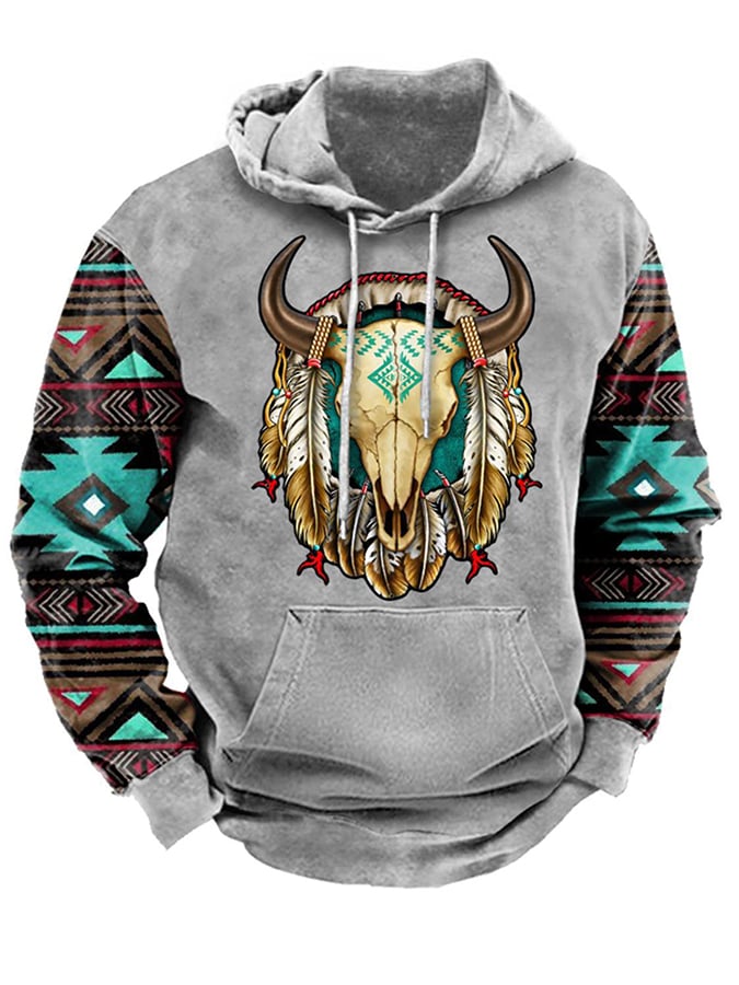 Men's Western Style Printed Loose Hooded Sweatshirt