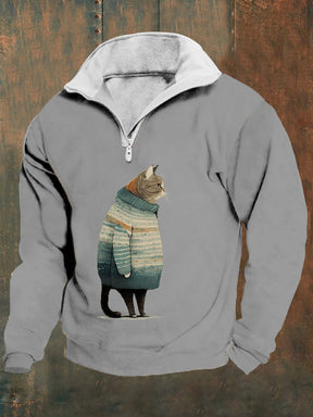 Men's Winter Cat Print Zipper Sweatshirt