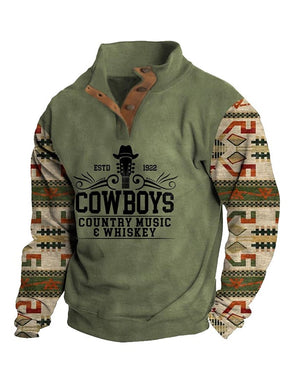 Men's Western Style Printed Stand Collar Button Sweatshirt